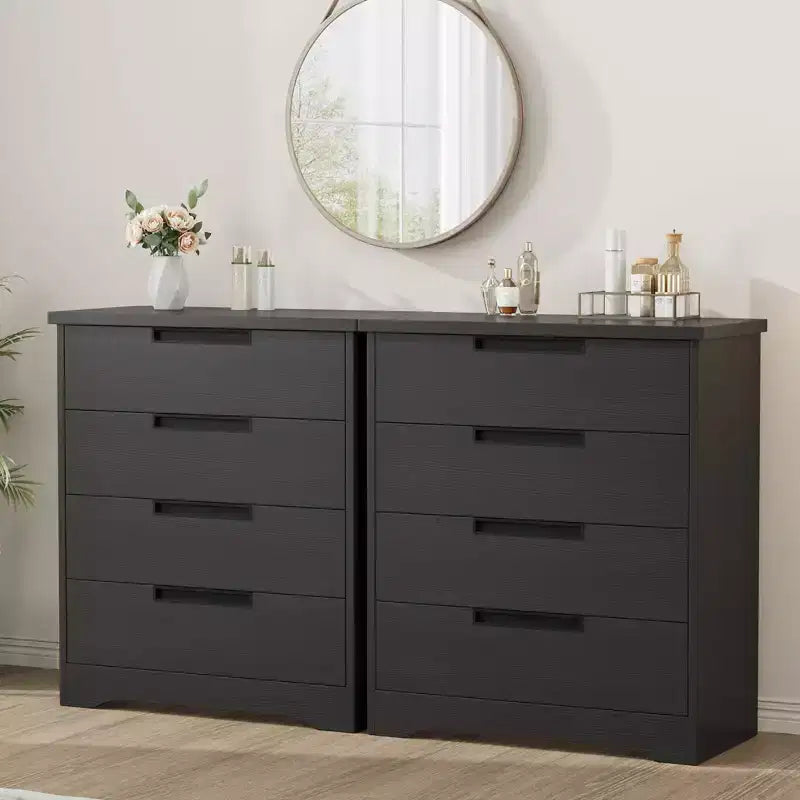 TROPOW Comodino a 4 cassetti per camera da letto, cassettiera nera con maniglie integrate, organizer in legno per soggiorno, nero