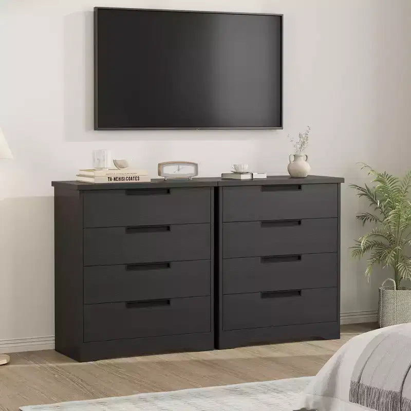 TROPOW Comodino a 4 cassetti per camera da letto, cassettiera nera con maniglie integrate, organizer in legno per soggiorno, nero
