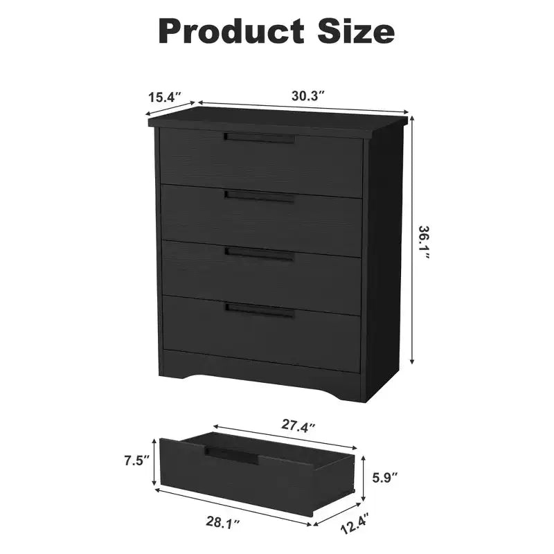 TROPOW Comodino a 4 cassetti per camera da letto, cassettiera nera con maniglie integrate, organizer in legno per soggiorno, nero