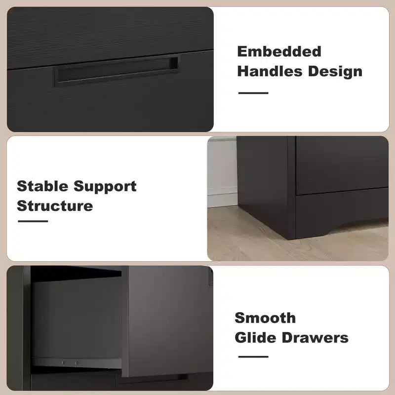 TROPOW Comodino a 4 cassetti per camera da letto, cassettiera nera con maniglie integrate, organizer in legno per soggiorno, nero
