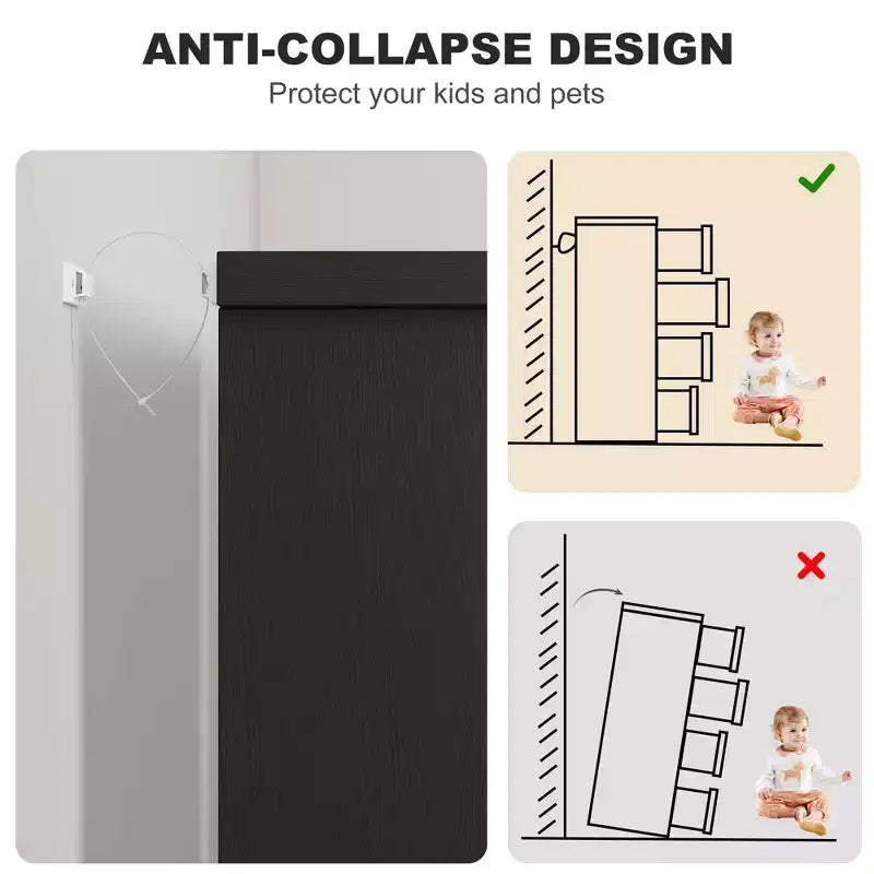 TROPOW Comodino a 4 cassetti per camera da letto, cassettiera nera con maniglie integrate, organizer in legno per soggiorno, nero