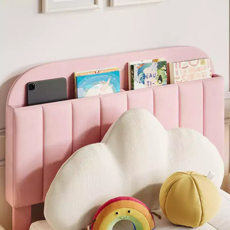 Struttura letto imbottita singola con testiera libreria, base letto in velluto