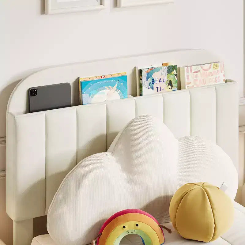 Struttura letto imbottita singola con testiera libreria, base letto in velluto