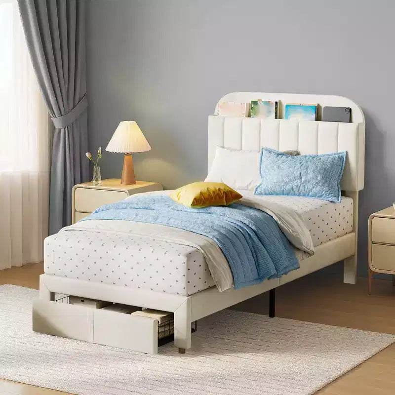 Struttura letto imbottita singola con testiera libreria, base letto in velluto