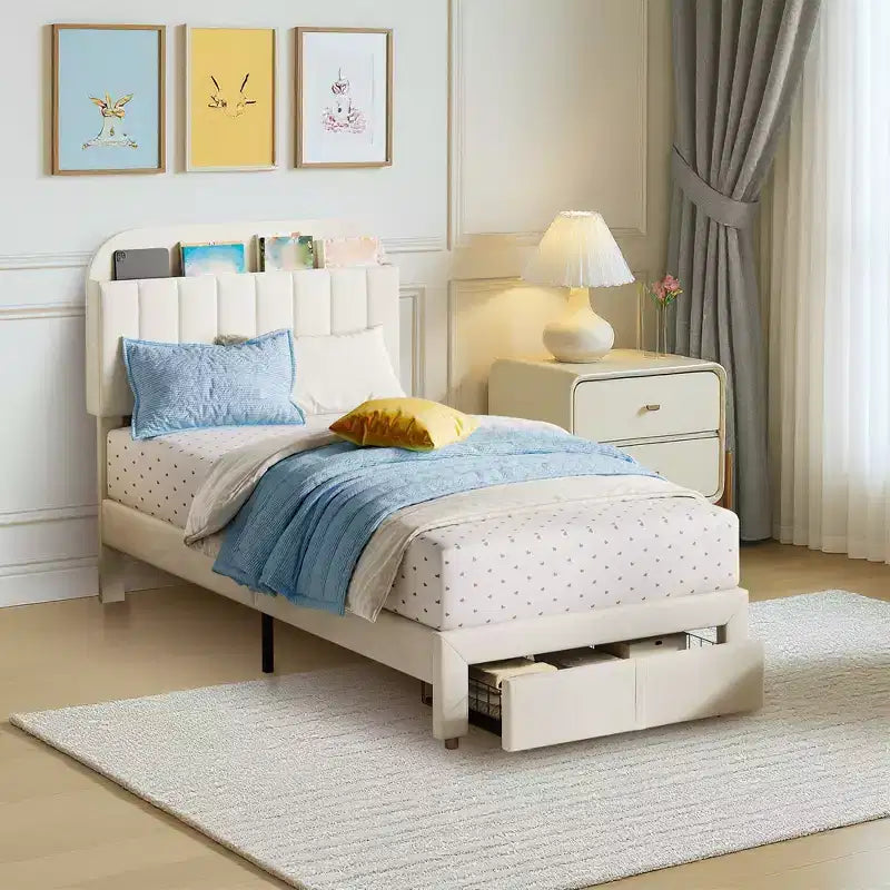 Struttura letto imbottita singola con testiera libreria, base letto in velluto