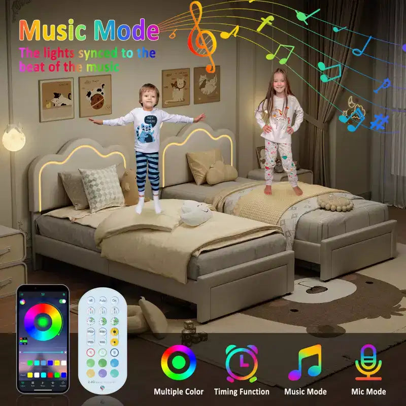 Struttura letto imbottita singola con testiera a montagna regolabile, base letto a piattaforma per bambini con supporto a doghe in legno e luce LED RGB