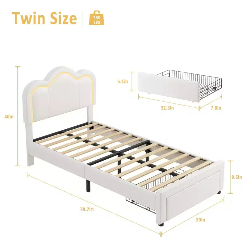 Struttura letto imbottita singola con testiera a montagna regolabile, base letto a piattaforma per bambini con supporto a doghe in legno e luce LED RGB