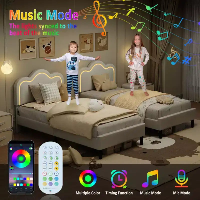 Struttura letto imbottita singola con testiera a montagna regolabile, base letto a piattaforma per bambini con supporto a doghe in legno e luce LED RGB