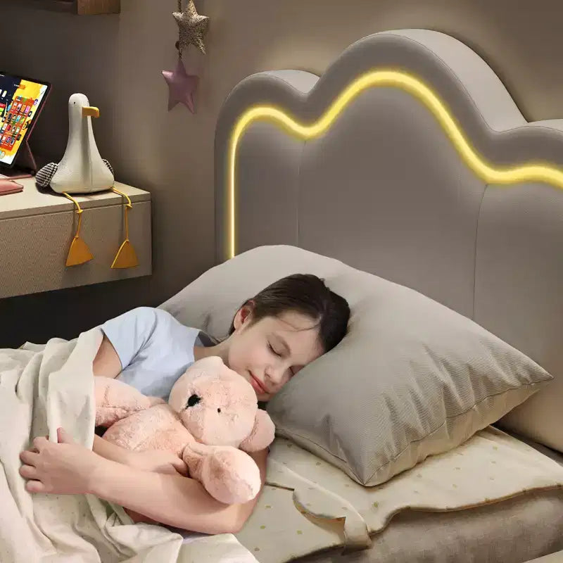 Struttura letto imbottita singola con testiera a montagna regolabile, base letto a piattaforma per bambini con supporto a doghe in legno e luce LED RGB