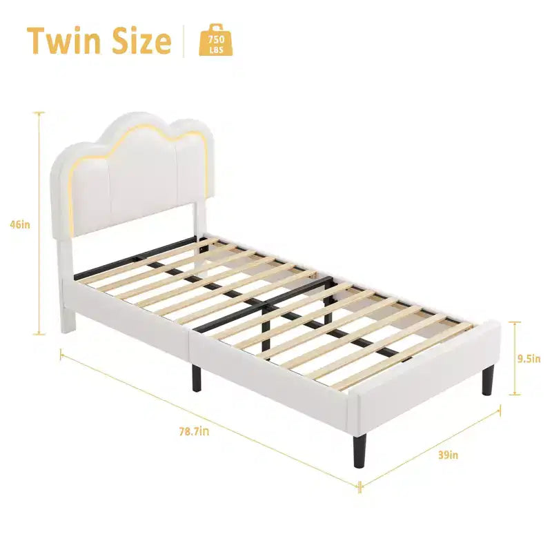 Struttura letto imbottita singola con testiera a montagna regolabile, base letto a piattaforma per bambini con supporto a doghe in legno e luce LED RGB