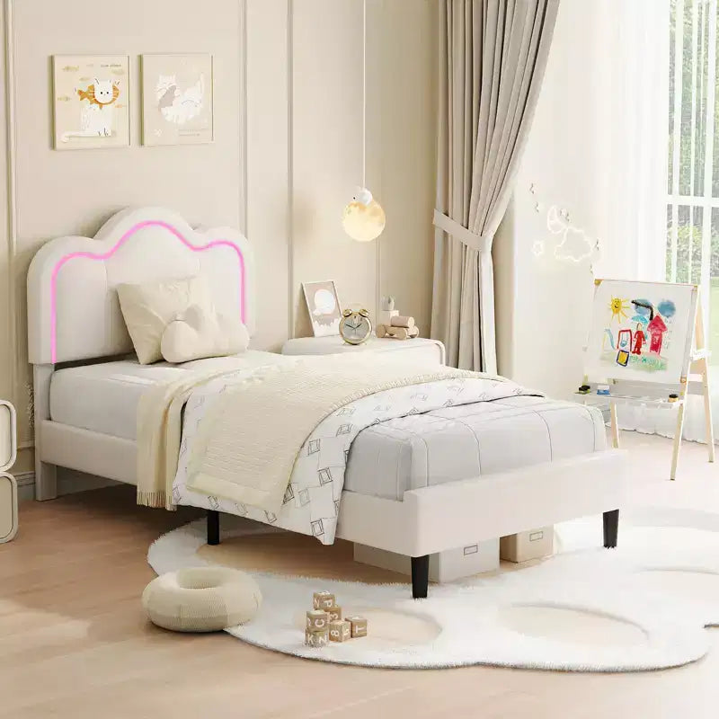 Struttura letto imbottita singola con testiera a montagna regolabile, base letto a piattaforma per bambini con supporto a doghe in legno e luce LED RGB