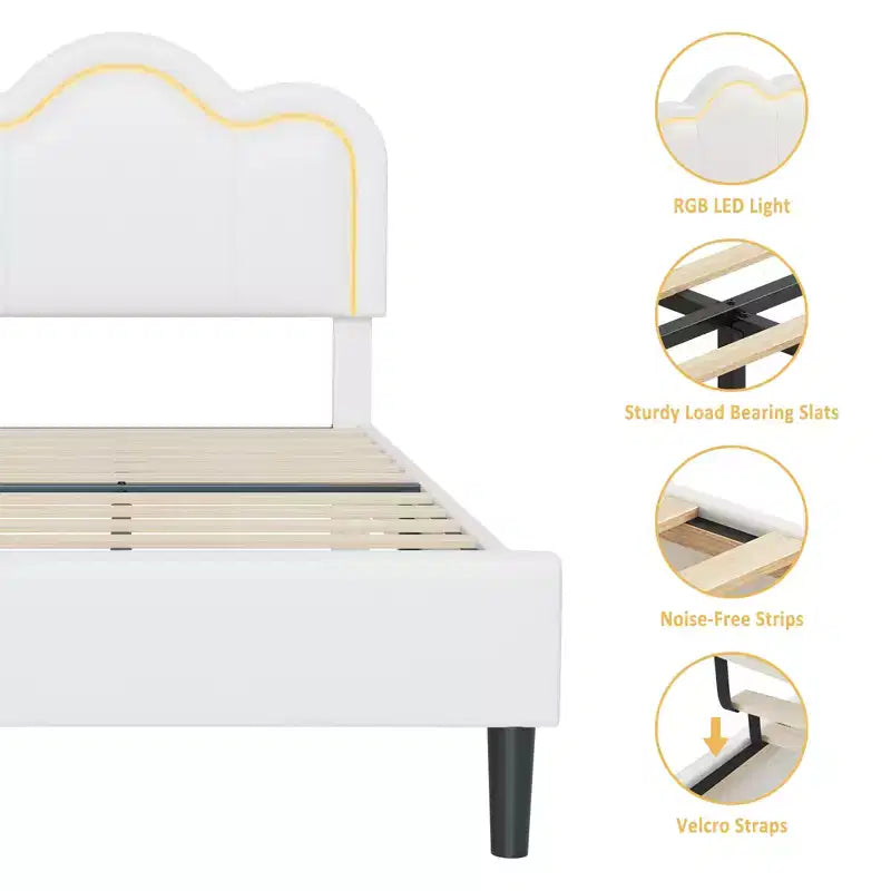 Struttura letto imbottita singola con testiera a montagna regolabile, base letto a piattaforma per bambini con supporto a doghe in legno e luce LED RGB