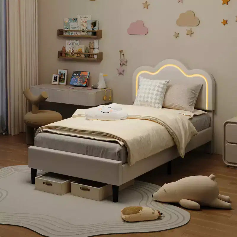 Struttura letto imbottita singola con testiera a montagna regolabile, base letto a piattaforma per bambini con supporto a doghe in legno e luce LED RGB
