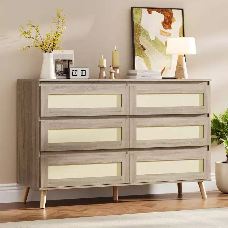 Cassettiera a 6 cassetti in rattan, cassettiera doppia con cassetti profondi, cassettiera per armadio con piano largo, per camera da letto, ingresso, corridoio, soggiorno