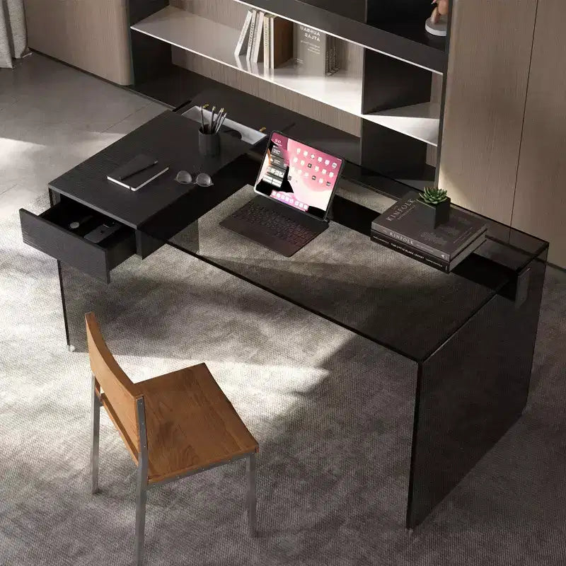 Gaoyangjiaju 53.14 Scrivania Moderna per Computer con Piano in Vetro Temperato 3C e Archiviazione a Doppia Zona, Elegante Scrivania Minimalista Nera per Ufficio Domestico
