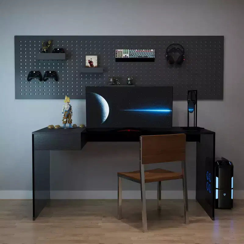 Gaoyangjiaju 53.14 Scrivania Moderna per Computer con Piano in Vetro Temperato 3C e Archiviazione a Doppia Zona, Elegante Scrivania Minimalista Nera per Ufficio Domestico