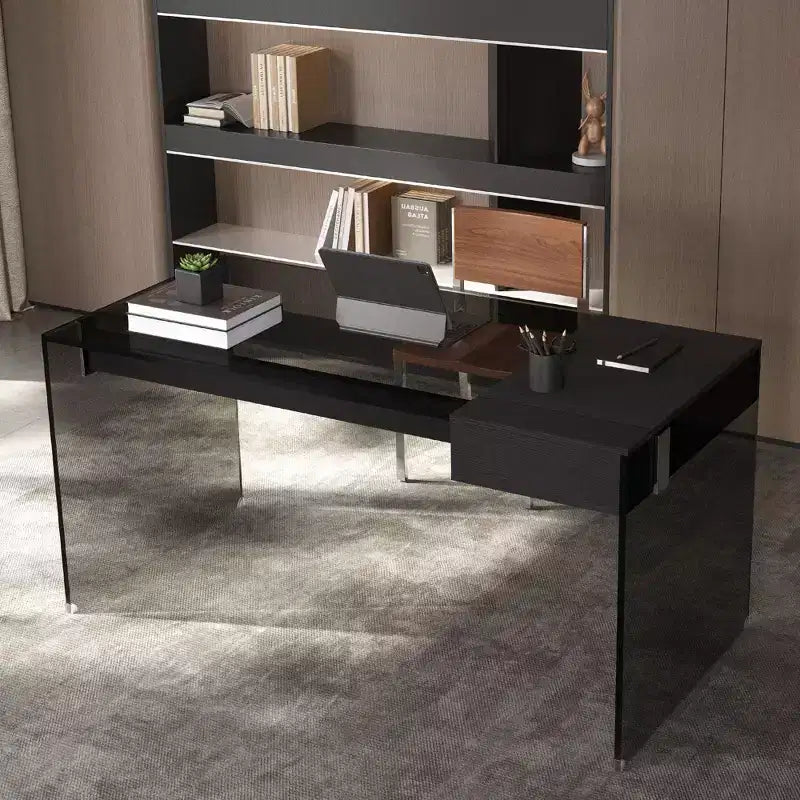 Gaoyangjiaju 53.14 Scrivania Moderna per Computer con Piano in Vetro Temperato 3C e Archiviazione a Doppia Zona, Elegante Scrivania Minimalista Nera per Ufficio Domestico