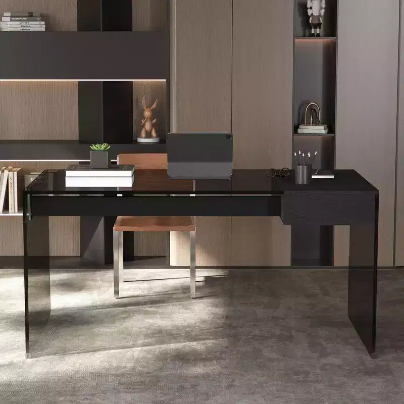 Gaoyangjiaju 53.14 Scrivania Moderna per Computer con Piano in Vetro Temperato 3C e Archiviazione a Doppia Zona, Elegante Scrivania Minimalista Nera per Ufficio Domestico