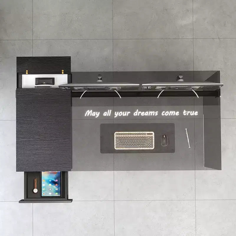 Gaoyangjiaju 53.14 Scrivania Moderna per Computer con Piano in Vetro Temperato 3C e Archiviazione a Doppia Zona, Elegante Scrivania Minimalista Nera per Ufficio Domestico