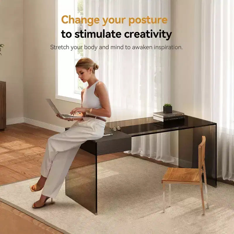 Gaoyangjiaju 53.14 Scrivania Moderna per Computer con Piano in Vetro Temperato 3C e Archiviazione a Doppia Zona, Elegante Scrivania Minimalista Nera per Ufficio Domestico