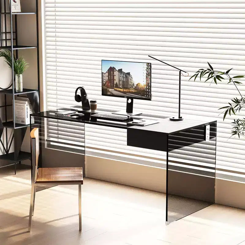 Gaoyangjiaju 53.14 Scrivania Moderna per Computer con Piano in Vetro Temperato 3C e Archiviazione a Doppia Zona, Elegante Scrivania Minimalista Nera per Ufficio Domestico
