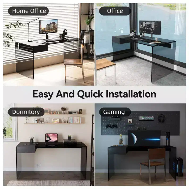 Gaoyangjiaju 53.14 Scrivania Moderna per Computer con Piano in Vetro Temperato 3C e Archiviazione a Doppia Zona, Elegante Scrivania Minimalista Nera per Ufficio Domestico