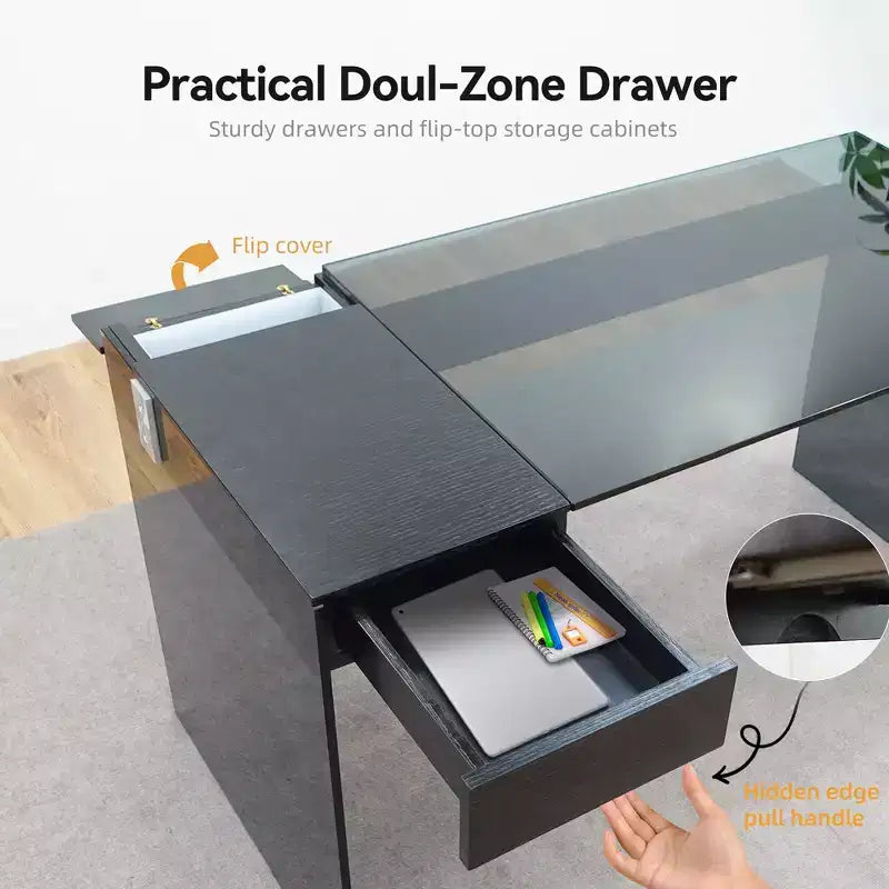 Gaoyangjiaju 53.14 Scrivania Moderna per Computer con Piano in Vetro Temperato 3C e Archiviazione a Doppia Zona, Elegante Scrivania Minimalista Nera per Ufficio Domestico