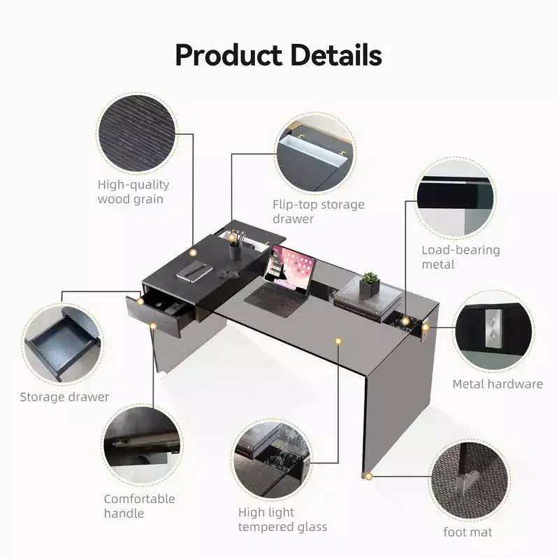 Gaoyangjiaju 53.14 Scrivania Moderna per Computer con Piano in Vetro Temperato 3C e Archiviazione a Doppia Zona, Elegante Scrivania Minimalista Nera per Ufficio Domestico