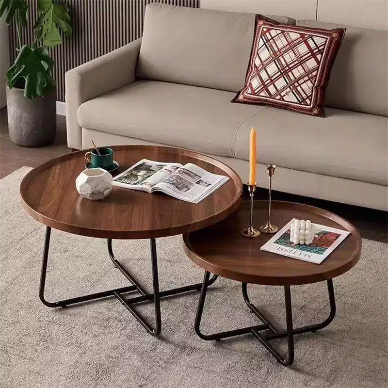 Acekool Nesting Coffee Table Set, 2 Round Tables, Walnut Finish MDF Top with Raised Edge, Interchangeable Metal Legs, Space-Saving Design