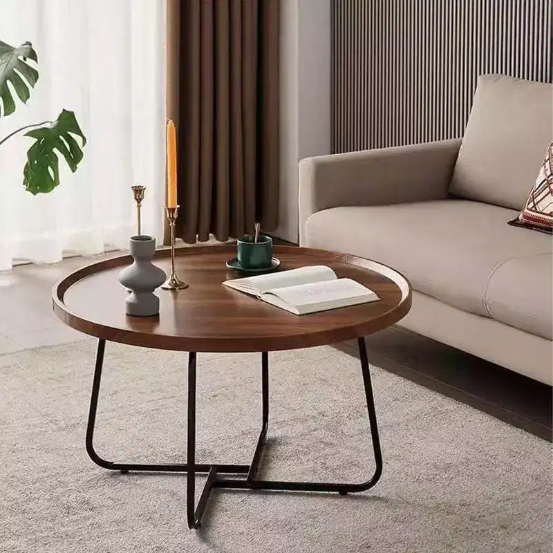 Acekool Set di Tavolini Nido, 2 Tavolini Rotondi, Piano in MDF Finitura Noce con Bordo Rialzato, Gambe in Metallo Intercambiabili, Design Salvaspazio