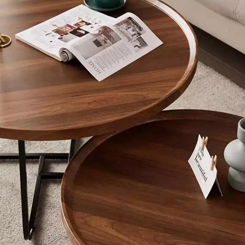 Acekool Set di Tavolini Nido, 2 Tavolini Rotondi, Piano in MDF Finitura Noce con Bordo Rialzato, Gambe in Metallo Intercambiabili, Design Salvaspazio
