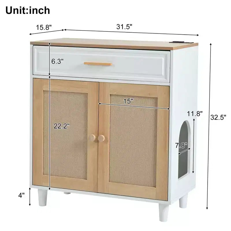 Mobile contenitore moderno Okak con tiragraffi per gatti, mobile dispensa con cassetti, tavolino per soggiorno, corridoio, bianco