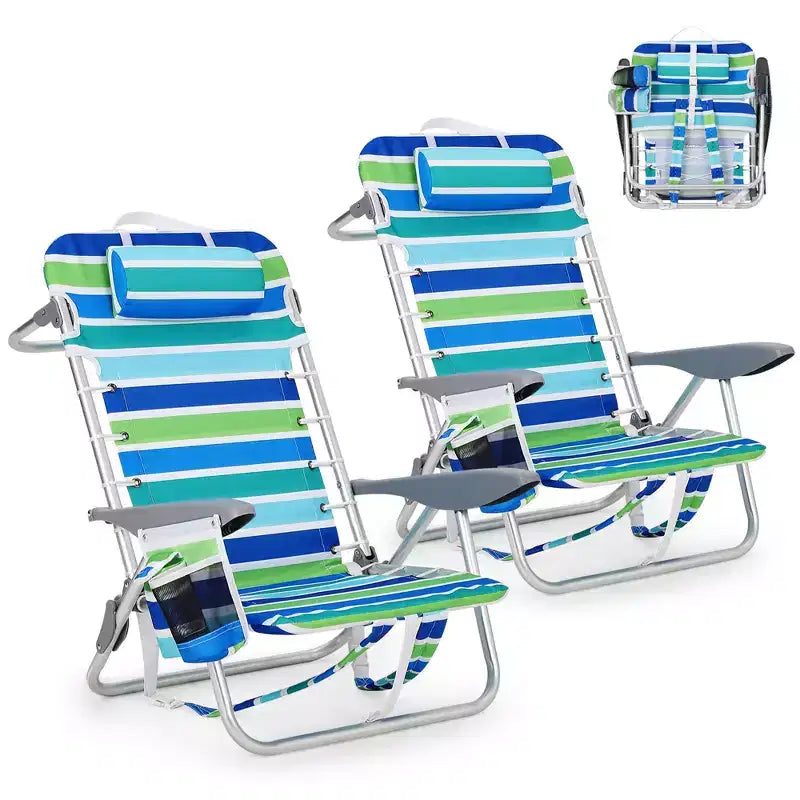 Sedia da Spiaggia, Sedia Pieghevole Leggera con 5 Posizioni Reclinabili (Completamente Piatta), Capacità 136 kg, Include Portabicchieri, Tasca per Telefono e Asta Porta Asciugamani per Adulti