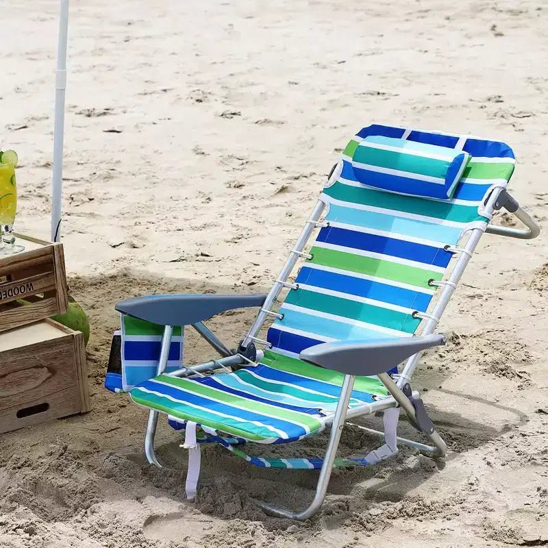 Sedia da Spiaggia, Sedia Pieghevole Leggera con 5 Posizioni Reclinabili (Completamente Piatta), Capacità 136 kg, Include Portabicchieri, Tasca per Telefono e Asta Porta Asciugamani per Adulti