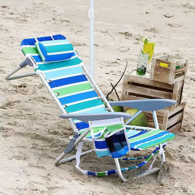 Sedia da Spiaggia, Sedia Pieghevole Leggera con 5 Posizioni Reclinabili (Completamente Piatta), Capacità 136 kg, Include Portabicchieri, Tasca per Telefono e Asta Porta Asciugamani per Adulti