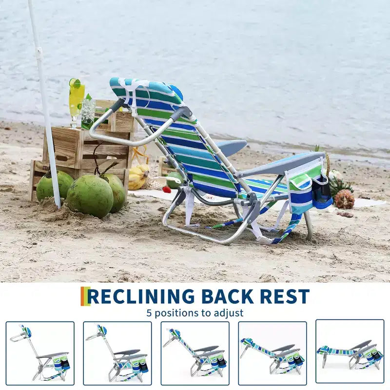 Sedia da Spiaggia, Sedia Pieghevole Leggera con 5 Posizioni Reclinabili (Completamente Piatta), Capacità 136 kg, Include Portabicchieri, Tasca per Telefono e Asta Porta Asciugamani per Adulti