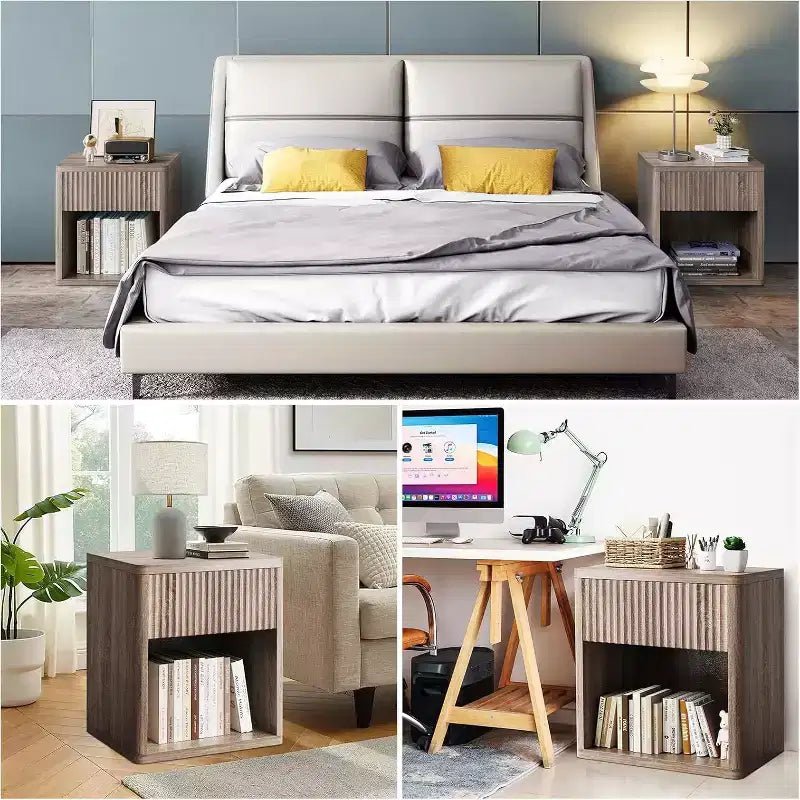 Acekool Set of 2 Modern Farmhouse Wooden Nightstands with Fluted Drawers, Large Storage Bedside End Tables for Bedroom and Living Room