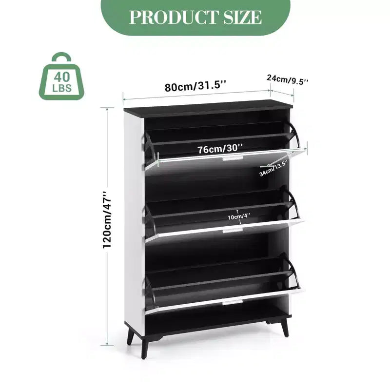 Armadietto scarpiera da 120 cm, scarpiera da ingresso con 3 cassetti a ribalta, organizer per scarpe in legno autoportante con gambe, per ingresso e corridoio
