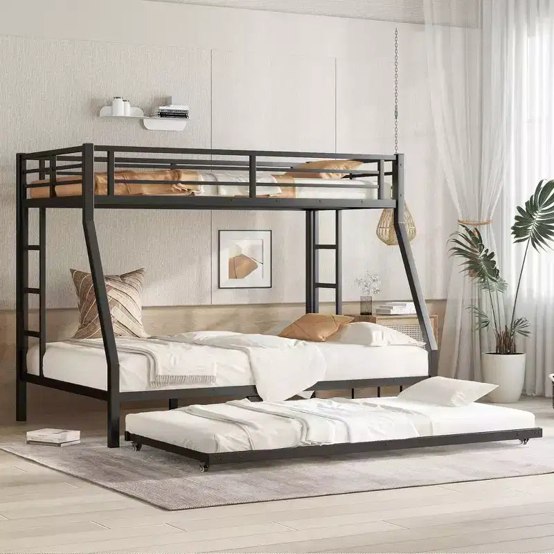 Twin over Full Metal Bunk Bed with Twin Size Trundle Black