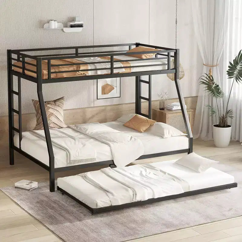 Letto a castello in metallo una piazza e mezzo con letto estraibile singolo nero