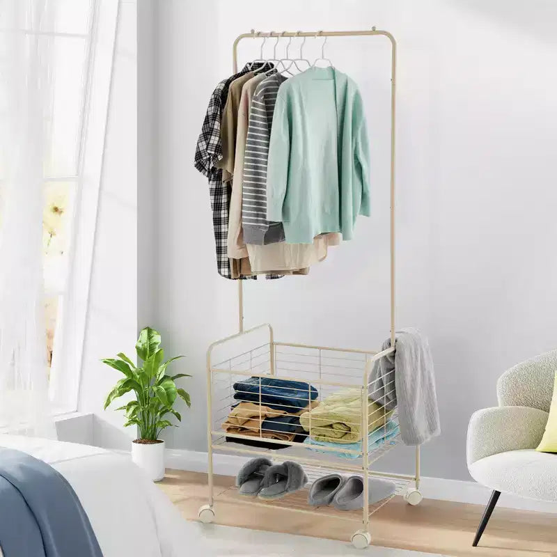 Clothes Rack, Portable Garment Rack Laundry Cart, Rolling Clothes Rack with Wheels and Shelves, Storage Shelves for Clothes