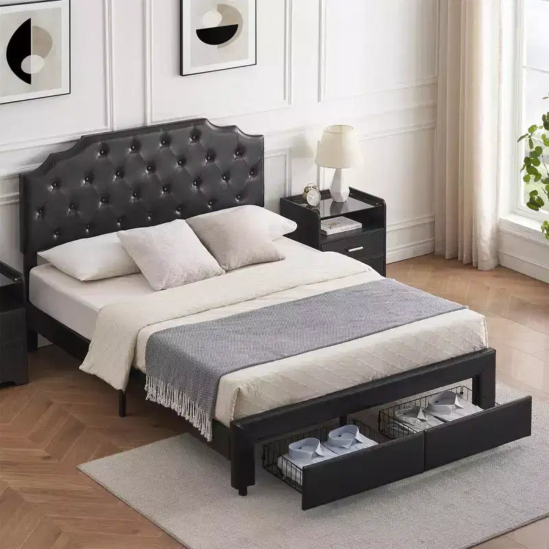 Struttura letto matrimoniale Queen Size con 2 cassetti portaoggetti e testiera, letto a piattaforma rivestito in pelle PU trapuntata a bottoni