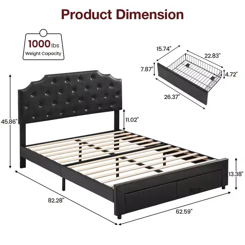Struttura letto matrimoniale Queen Size con 2 cassetti portaoggetti e testiera, letto a piattaforma rivestito in pelle PU trapuntata a bottoni