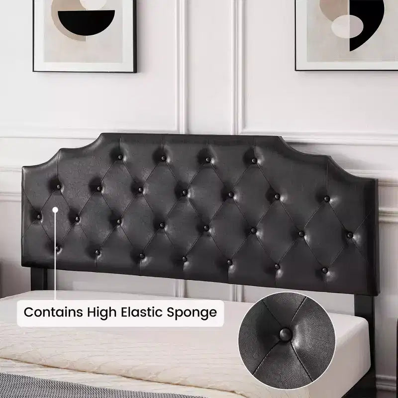 Struttura letto matrimoniale Queen Size con 2 cassetti portaoggetti e testiera, letto a piattaforma rivestito in pelle PU trapuntata a bottoni