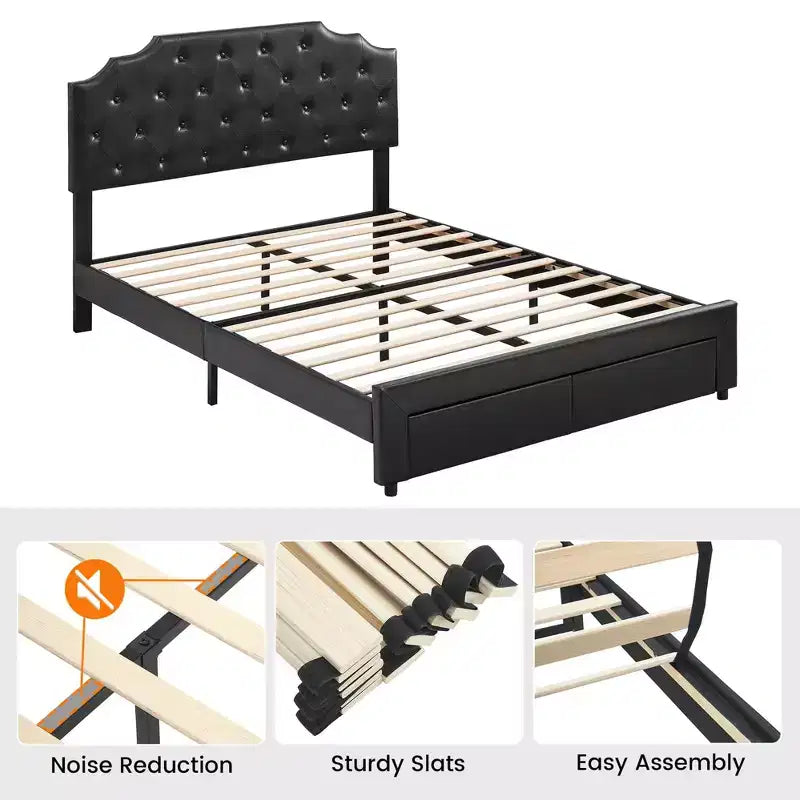 Struttura letto matrimoniale Queen Size con 2 cassetti portaoggetti e testiera, letto a piattaforma rivestito in pelle PU trapuntata a bottoni