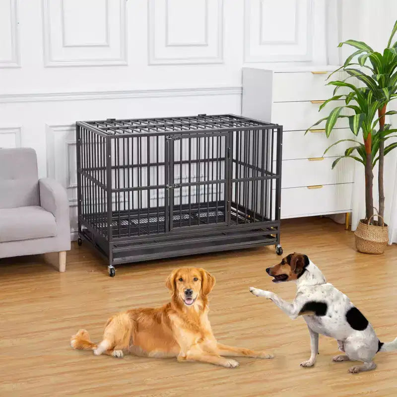 Gabbia Kennel Cuccia per Cani Robusta, Acciaio Indistruttibile Anti-Fuga, Ruote Bloccabili a 360°, Vassoio Estraibile, Design con Apertura Superiore, per Cani di Taglia Media e Grande