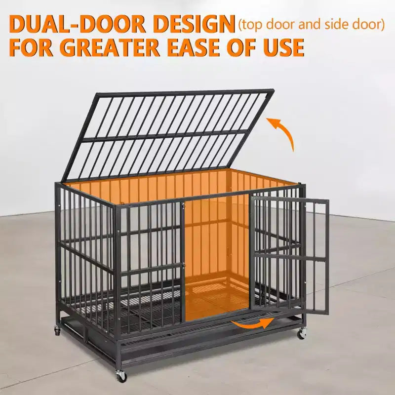 Gabbia Kennel Cuccia per Cani Robusta, Acciaio Indistruttibile Anti-Fuga, Ruote Bloccabili a 360°, Vassoio Estraibile, Design con Apertura Superiore, per Cani di Taglia Media e Grande