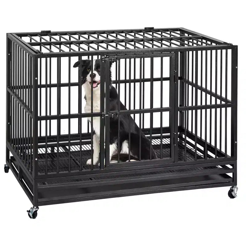 Heavy Duty Dog Crate Cage Kennel, Indestructible Steel Escape Proof, 360 Lockable Wheels, Removable Tray, Top Open Design, for Medium Large Dogs