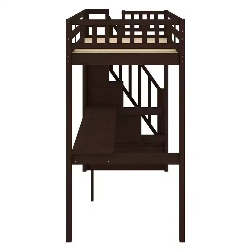 Letto a soppalco singolo con scala contenitore e scrivania integrata, struttura letto a soppalco alta con gradini per bambini, ragazzi e adulti