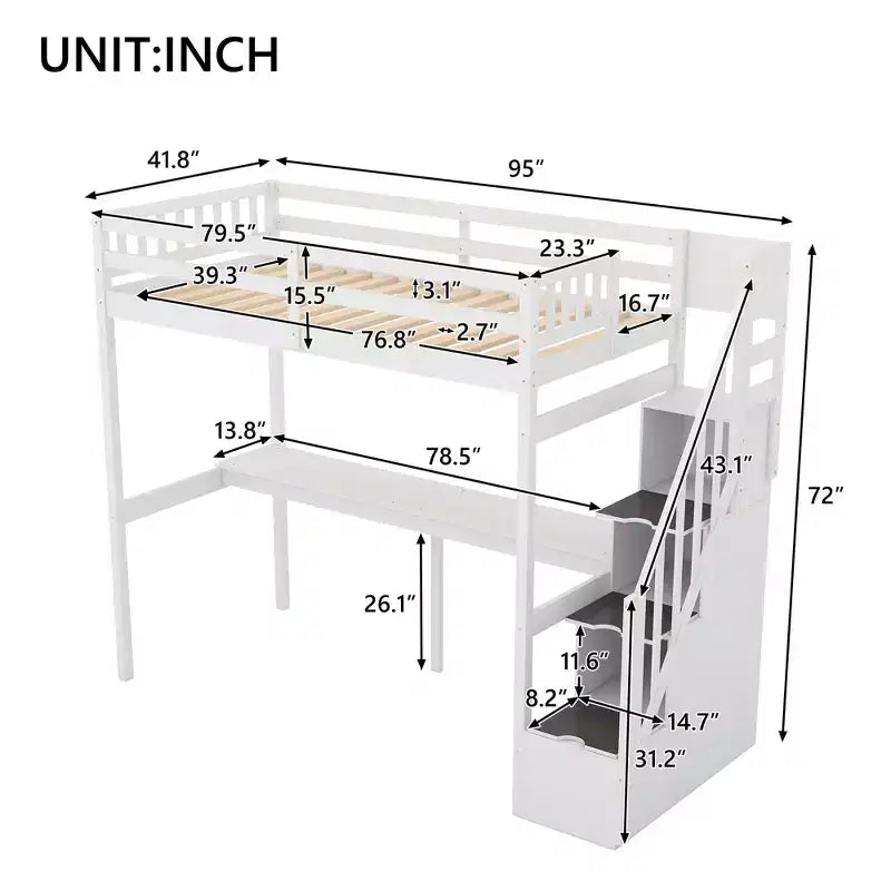 Letto a soppalco singolo con scala contenitore e scrivania integrata, struttura letto a soppalco alta con gradini per bambini, ragazzi e adulti